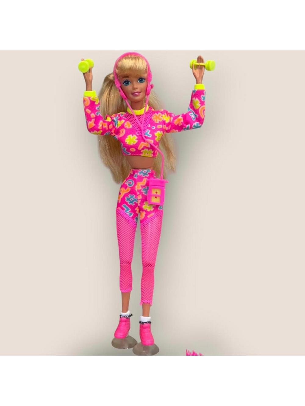 Vintage 1980s  Working Out Barbie With Outfit Accessories Cassette Dumbbells